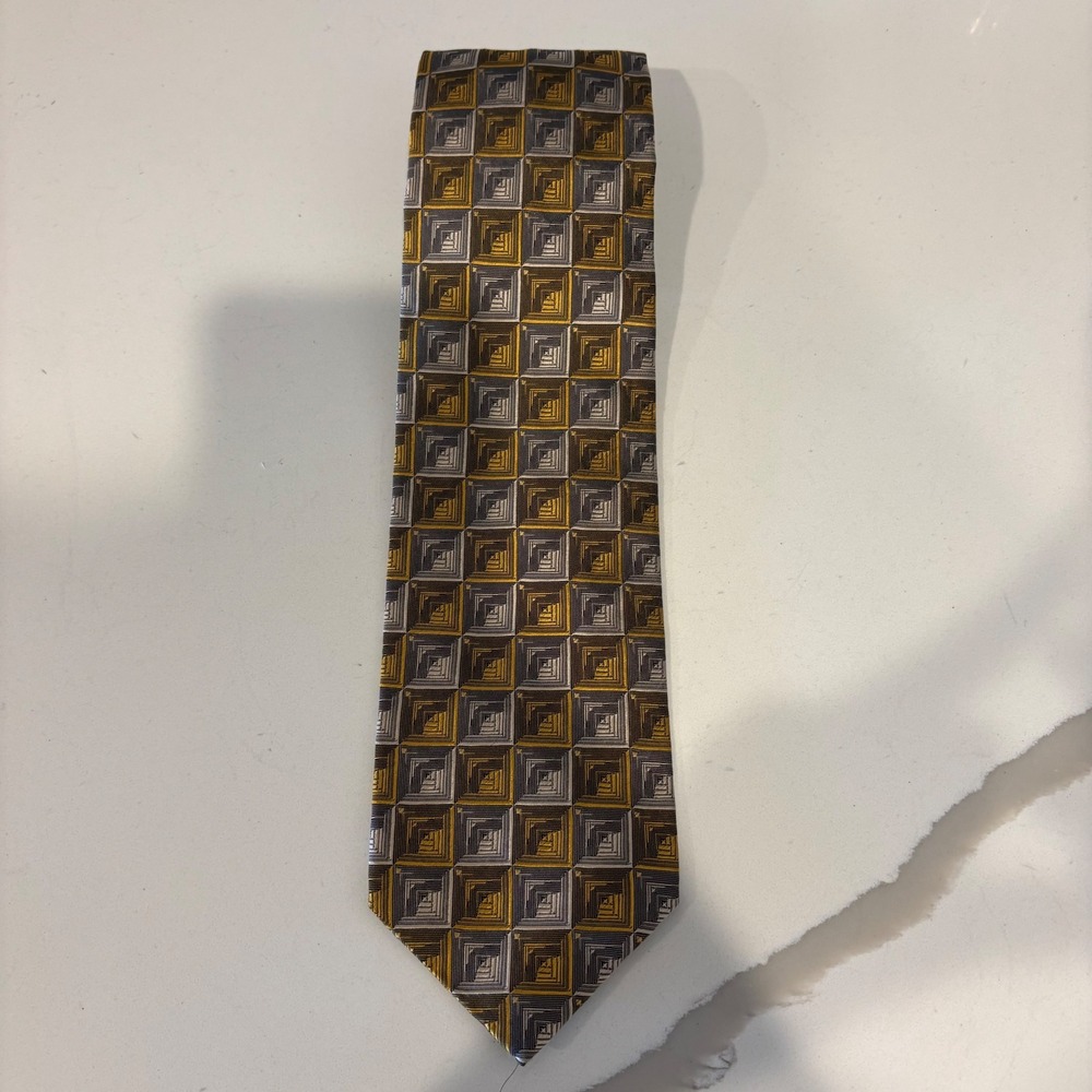 XMI Platinum Mens Silk Tie Gold Grey Geometric Square Pattern Hand Made USA